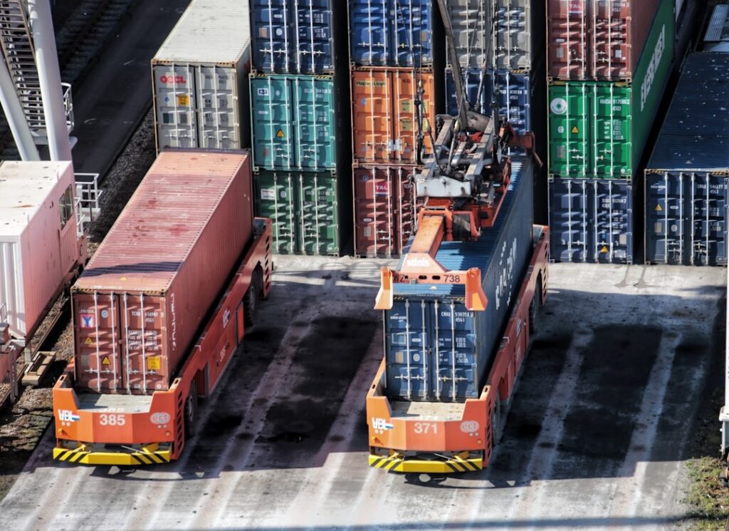 shipping yard with containers and loaders